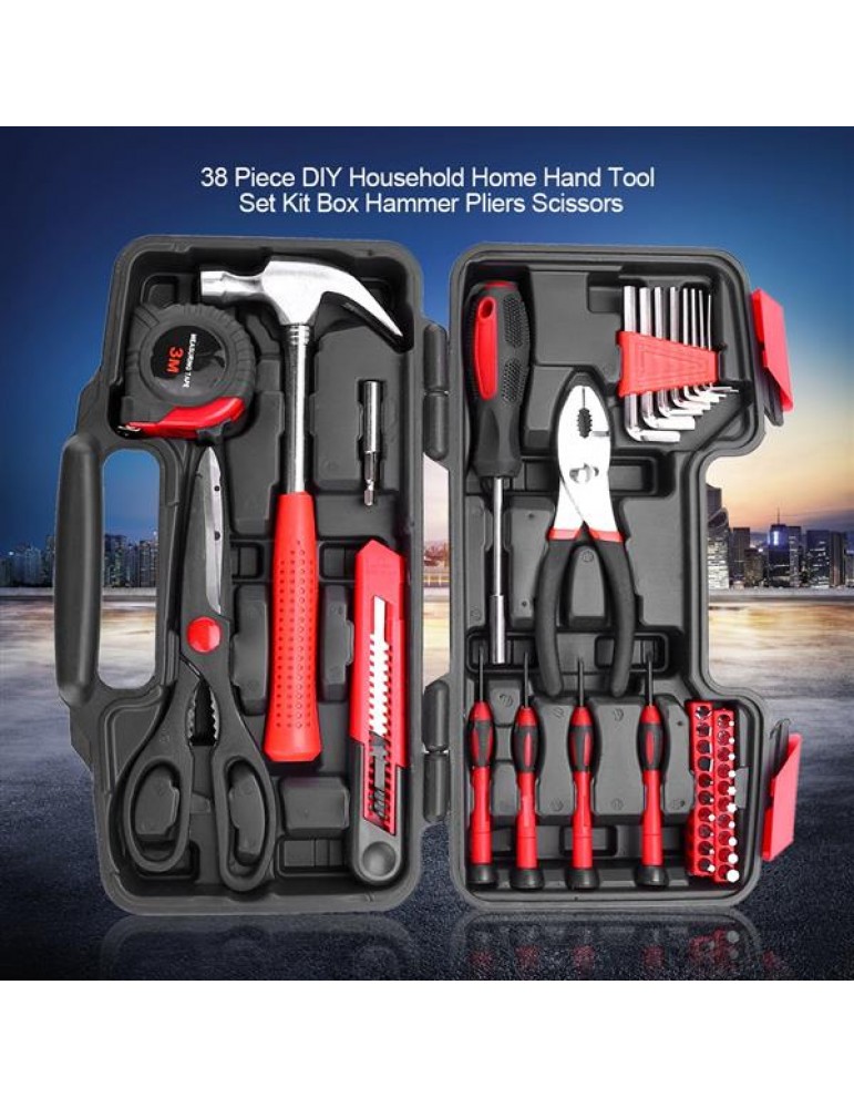 38 Piece DIY Household Home Hand Tool Set Kit Box Hammer Pliers Scissors