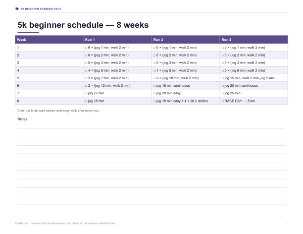 Preview of Printable 5K Beginner Training Schedule